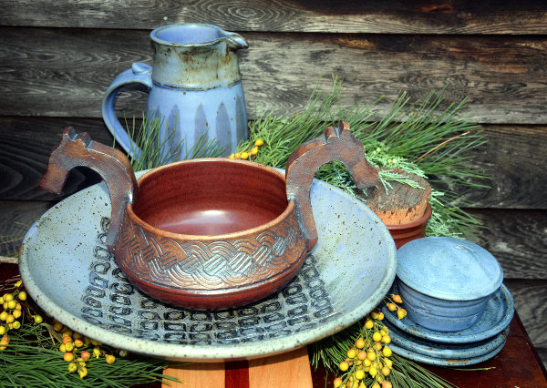 Incised Ale Bowl and Blue Striped Pitcher.