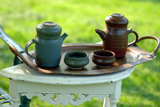 Teapot party on the lawn.